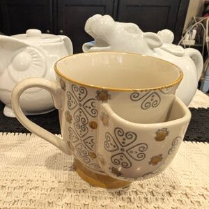 Creative Co-op Pedastal Tea Bag Holder Mug Ceramic Cup Yellow Gold Gray